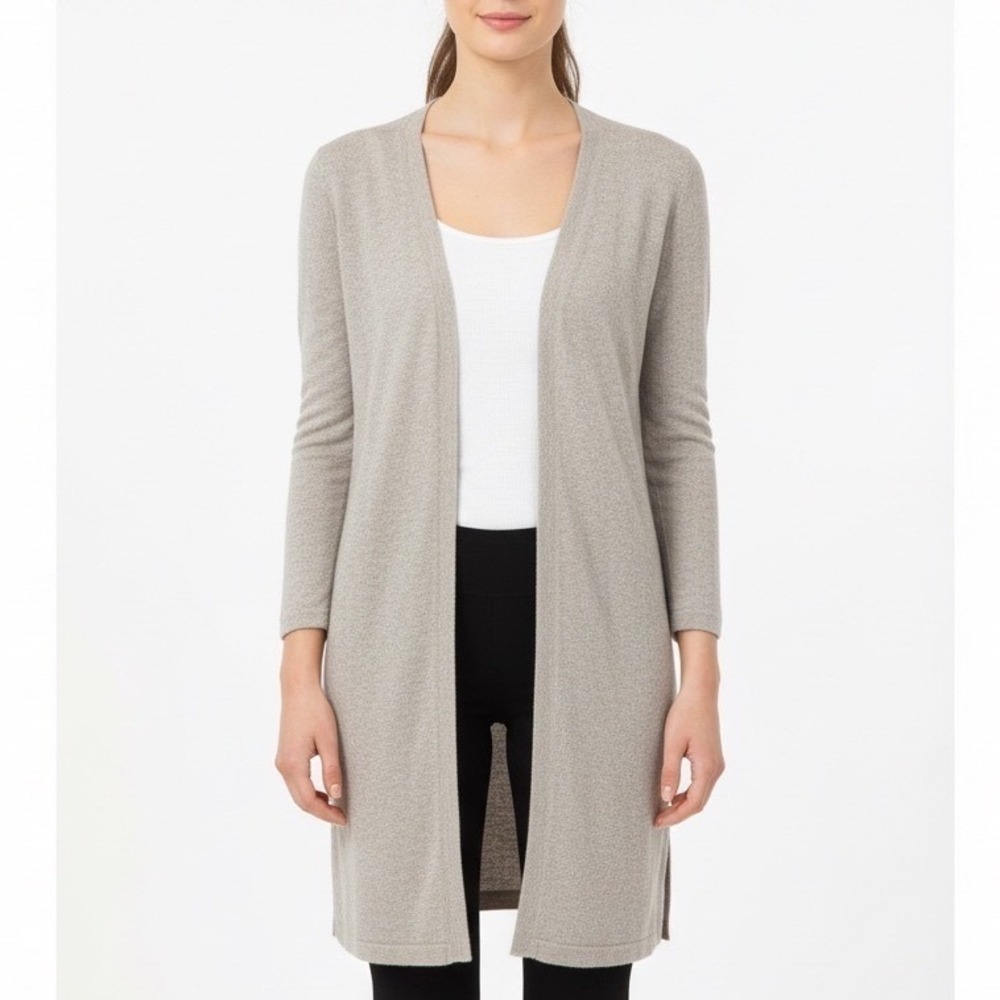 Wendy B. Cashmere Cardigan Sweater Womens Medium Gray Knit Side Slit Knee Length